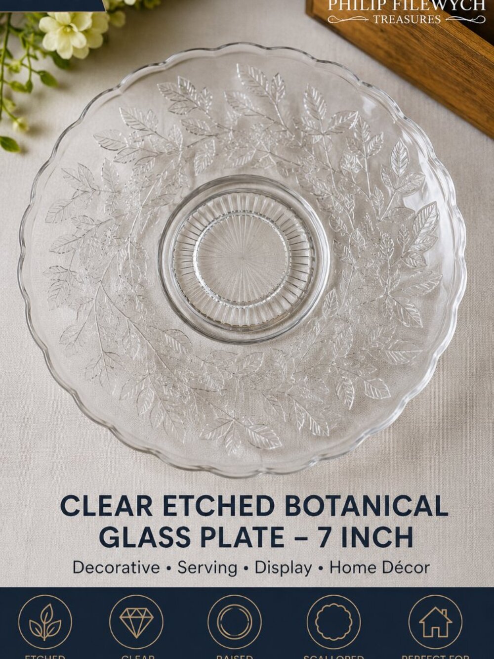 SP-23--Clear Etched Glass Plate 7" Scalloped Decorative Serving Plate